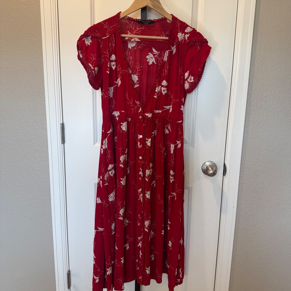 Knot Sisters Domingo Midi‎ Dress In Scarlet Tulips Red Floral Womens Medium - Picture 3 of 11